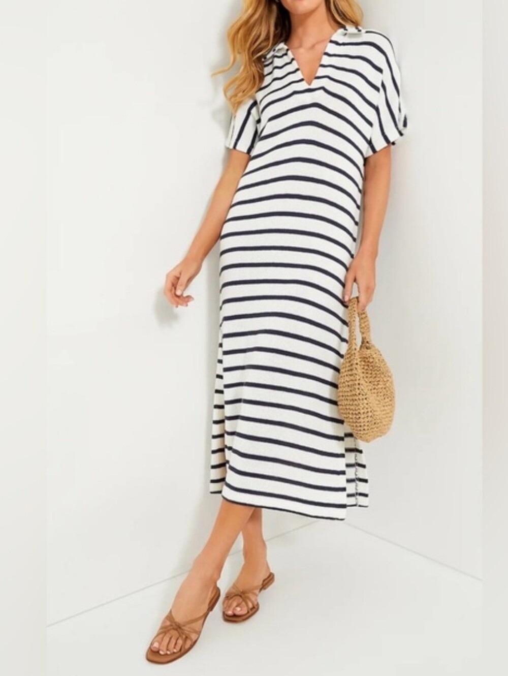 Pomander Place French Stripe Knit Maren Polo Midi Dress Size M/L NWT